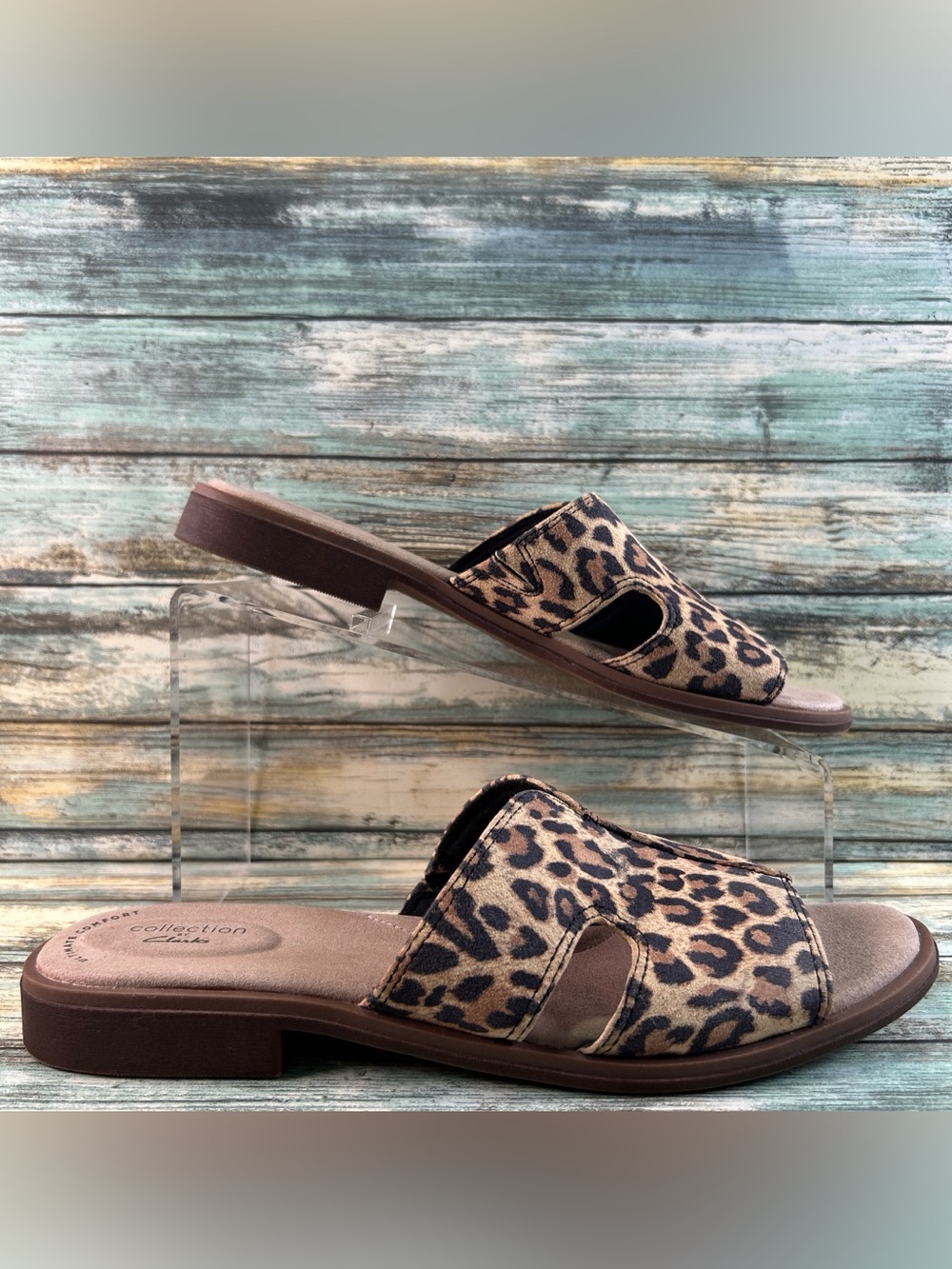 Clarks Declan Flo Slide Sandas Womens 9 Brown Leather Leopard Print Flat Comfort